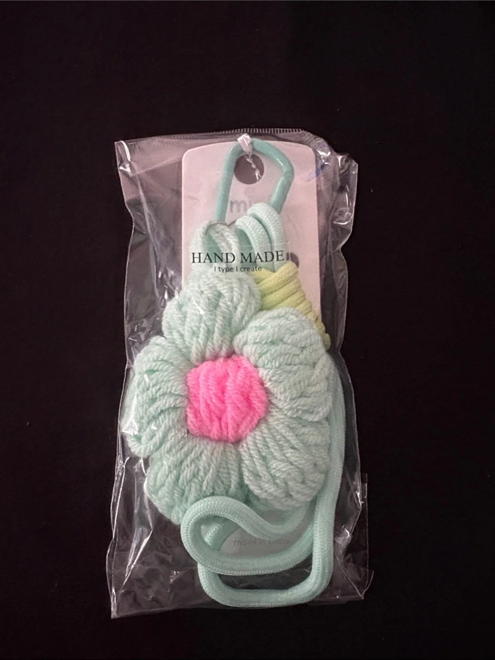 Mint Green Flower Crochet Yarn Bag Charm Keychain with Pink Center Accessory